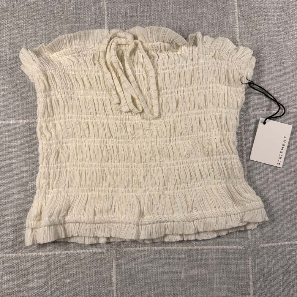 Statement Ruched Smocked  Beige with Gold Metallic Tube Top Size M